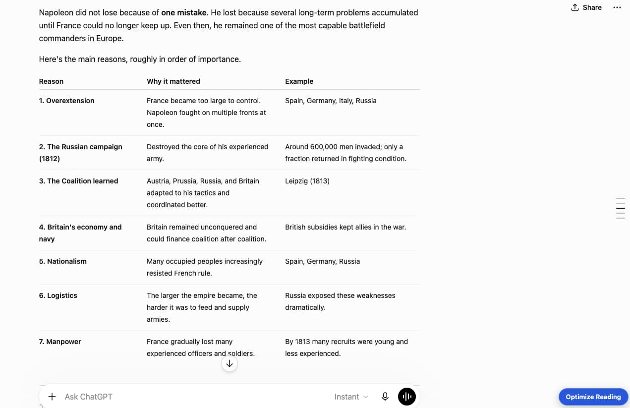 ChatGPT conversation with the ReadBooster Optimize Reading button beside the message input