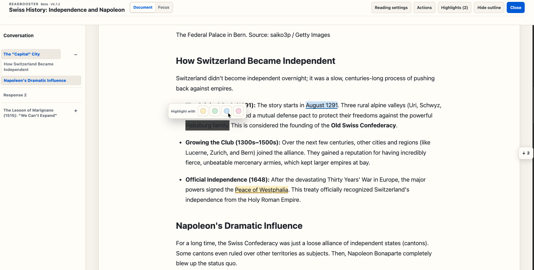 ReadBooster document view showing highlighted passages, the highlight colour picker, document outline, and highlight navigation indicator